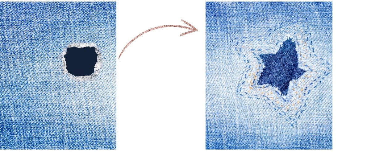 visible mending a tear in jeans with decorative running stitches