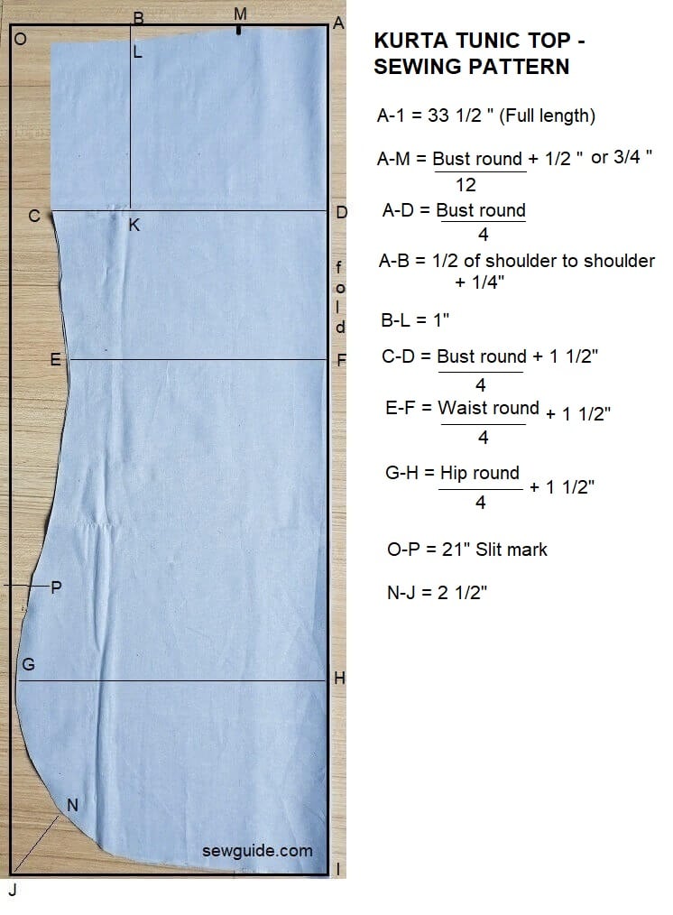 kurta tunic top sew pattern for the front and back