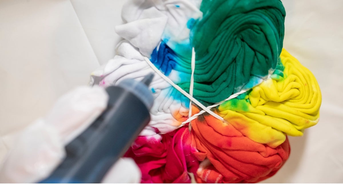 Tie-dye process using squeeze bottles and tied fabric